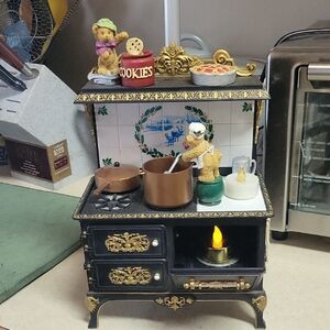 Vintage-Style Black and Gold Miniature Stove W Bears Cooking/ Music/ EUC